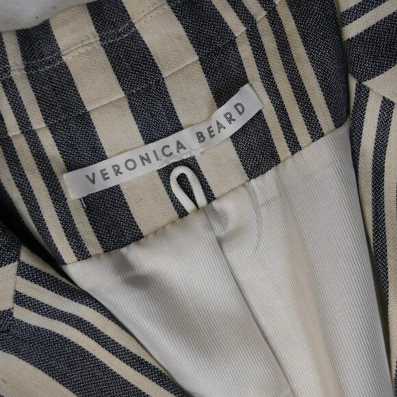 Veronica Beard Millar Blazer Size Medium Blue Cream Striped Linen Blend - Picture 5 of 11